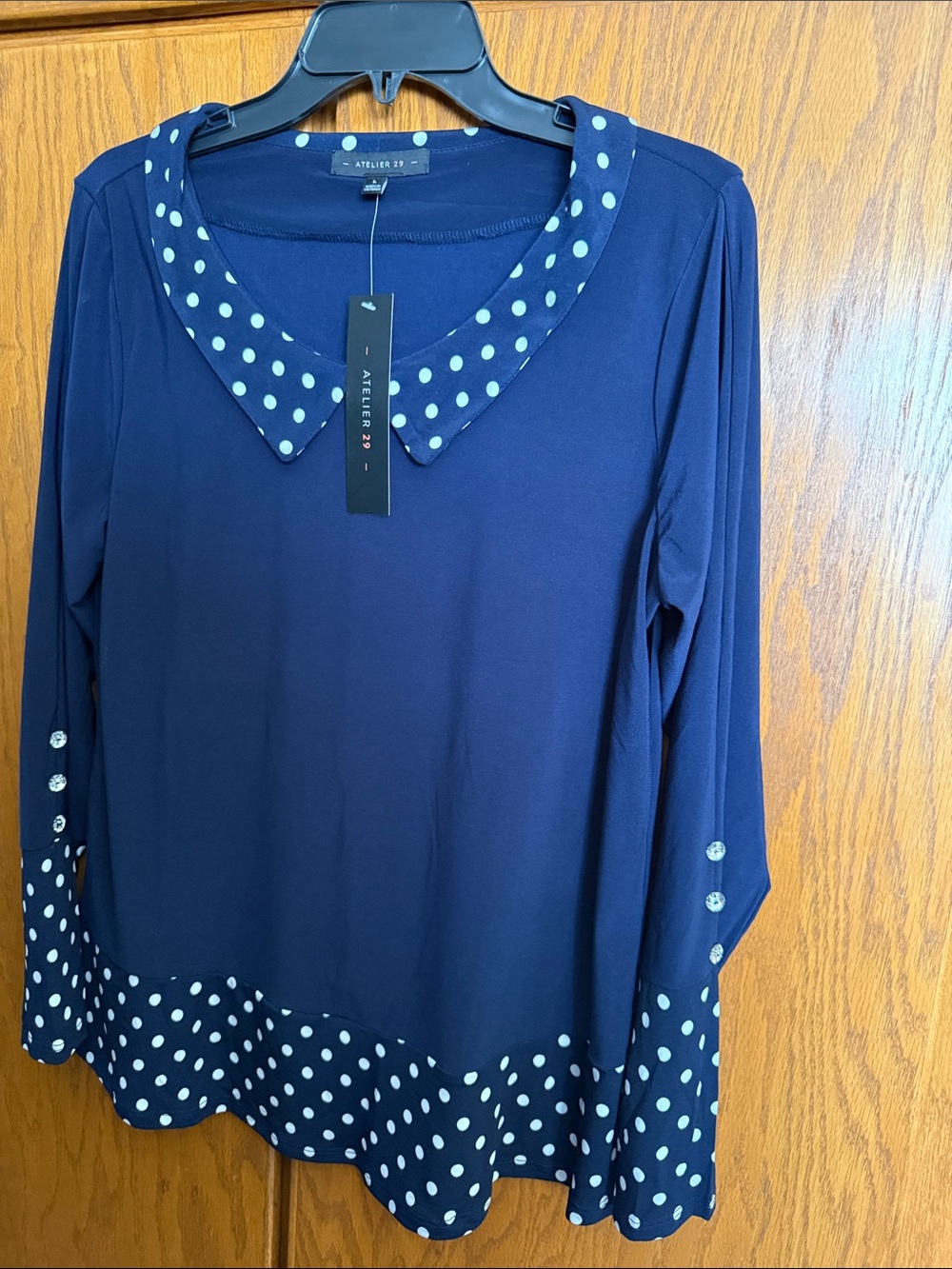Atelier 29 Navy Long-Sleeve Polka Dot Collar Blouse